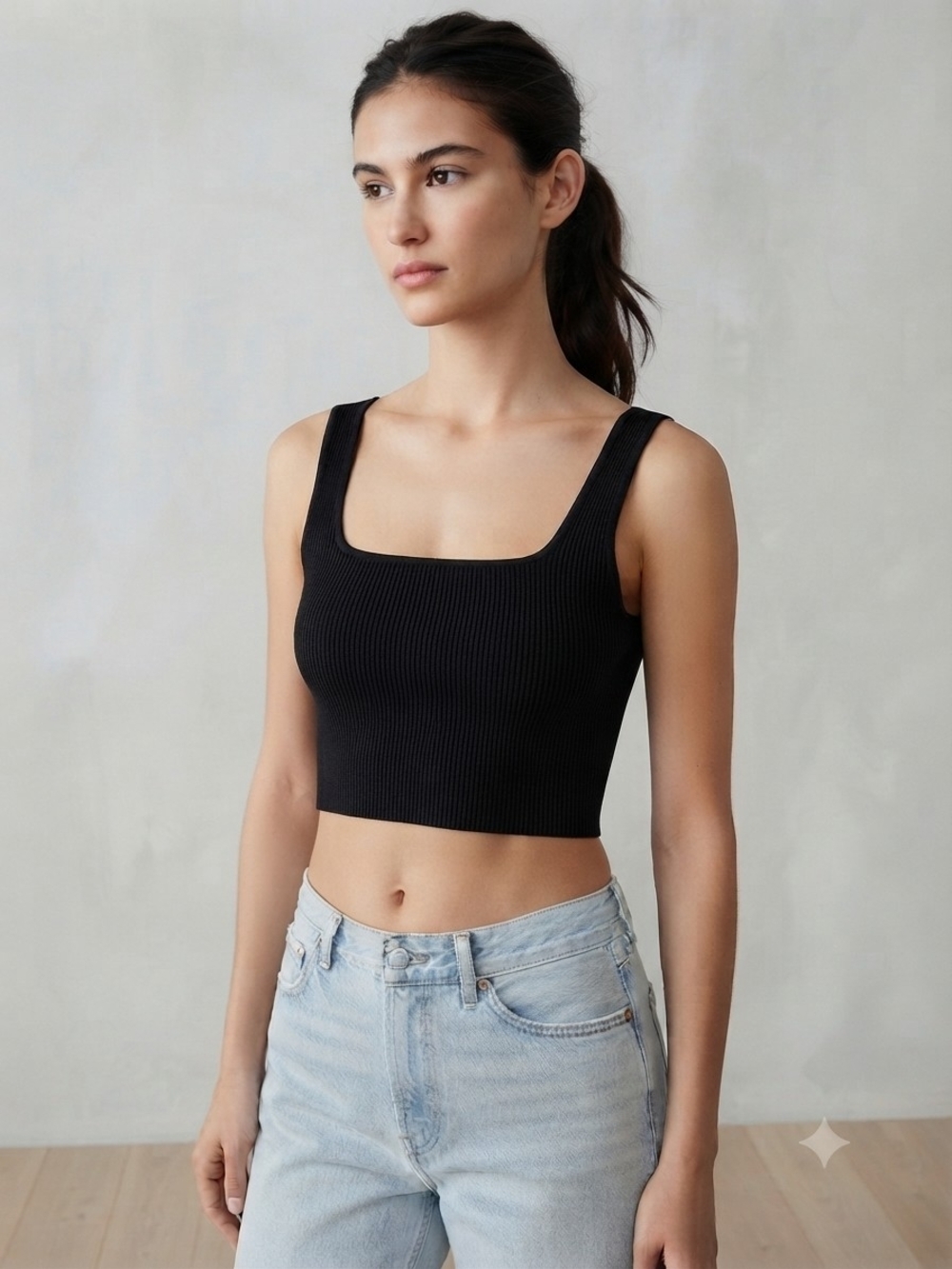 Babaton Aritzia Black Square Neck Ribbed Knit Crop Top Size 2XS